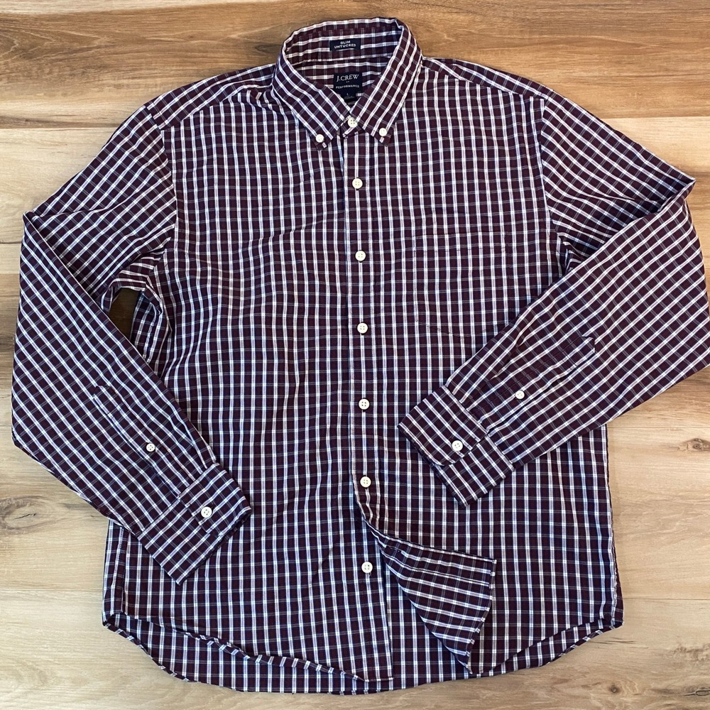 J Crew Performance Shirt Mens Large Slim Untucked‎ Maroon Navy Check Button Down